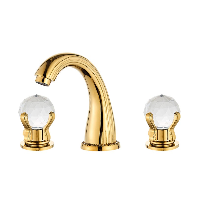 sprinkle Bathroom Sink Faucet 3 Hole Deck Mounted Widespread Brass Bathroom Faucet Crystal Handle Mixer Tap Gold Ti-PVD (Gold) - Image 5
