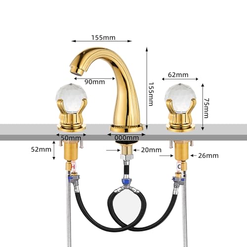 sprinkle Bathroom Sink Faucet 3 Hole Deck Mounted Widespread Brass Bathroom Faucet Crystal Handle Mixer Tap Gold Ti-PVD (Gold) - Image 2