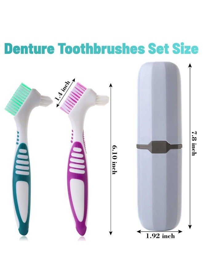 Clofiak 2Pcs Denture Brush with Case, Travel False Teeth Toothbrush, Soft Denture Brush, Effective Denture Cleaner Brushes Kit, Ergonomic Rubber Handle (Light Gray Case) - Image 2
