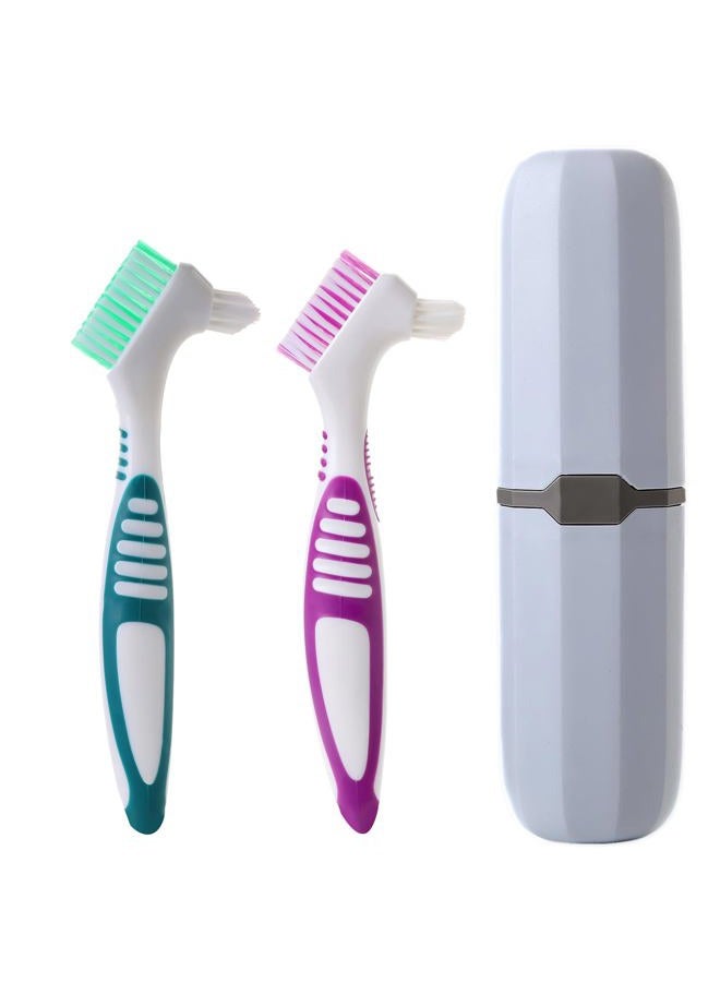 Clofiak 2Pcs Denture Brush with Case, Travel False Teeth Toothbrush, Soft Denture Brush, Effective Denture Cleaner Brushes Kit, Ergonomic Rubber Handle (Light Gray Case) - Image 1