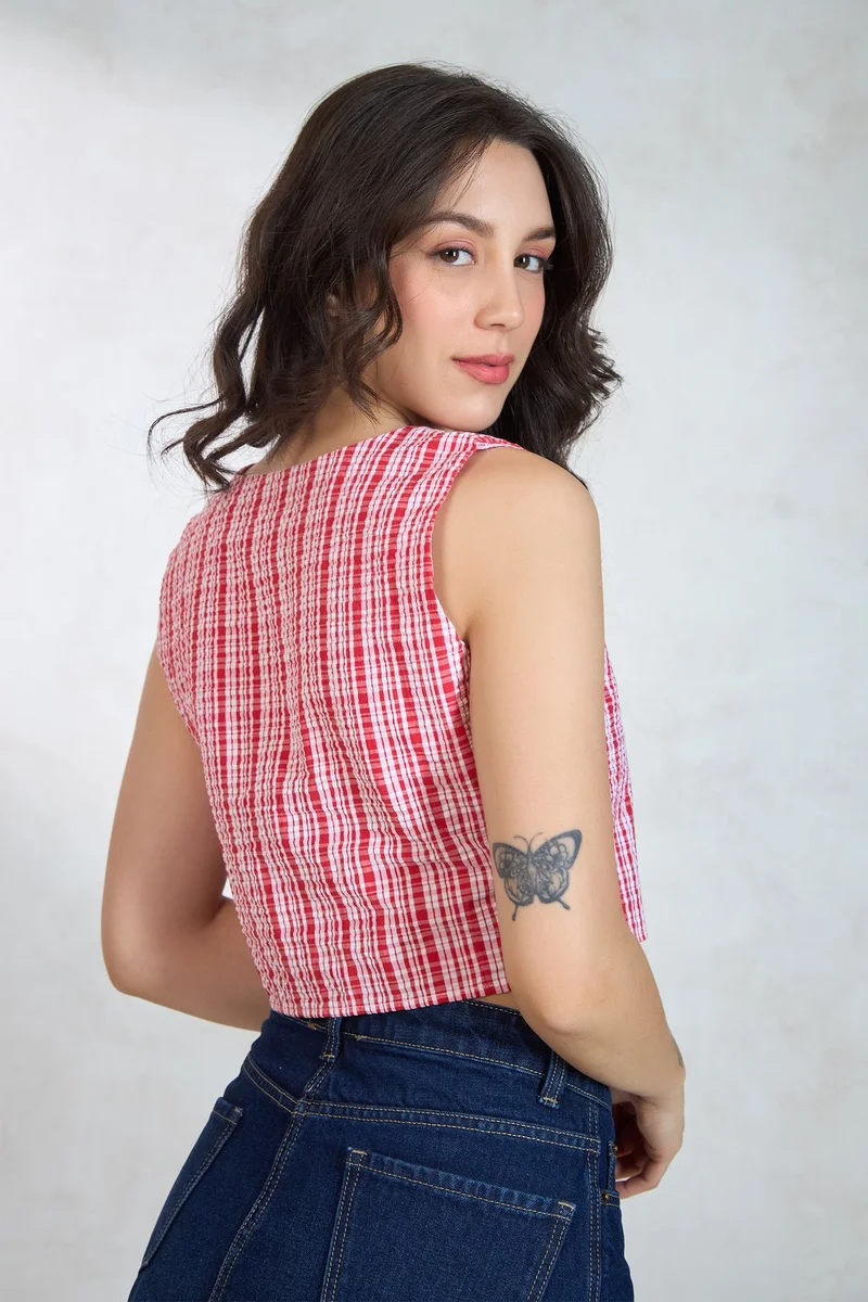 Virgio  Checks Cotton Red Top With Front Tie-Up for Women for Women | Best Price UAE