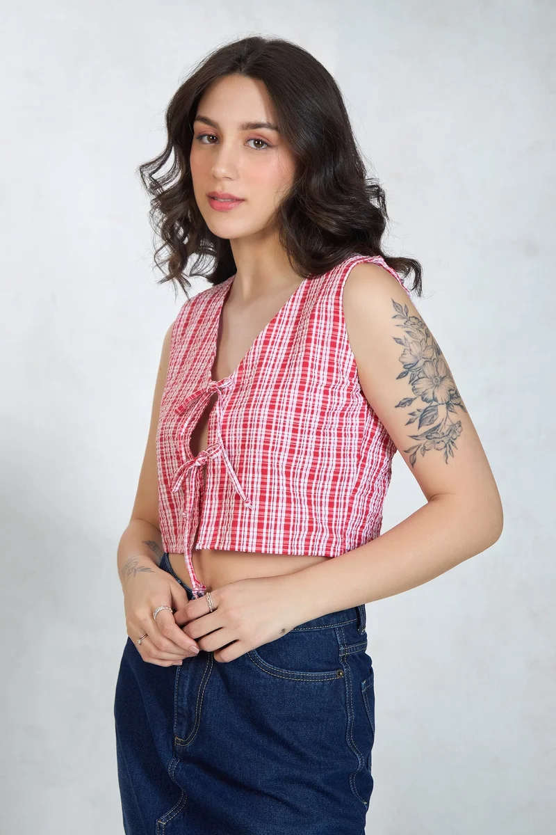 Virgio  Checks Cotton Red Top With Front Tie-Up for Women for Women | Best Price UAE