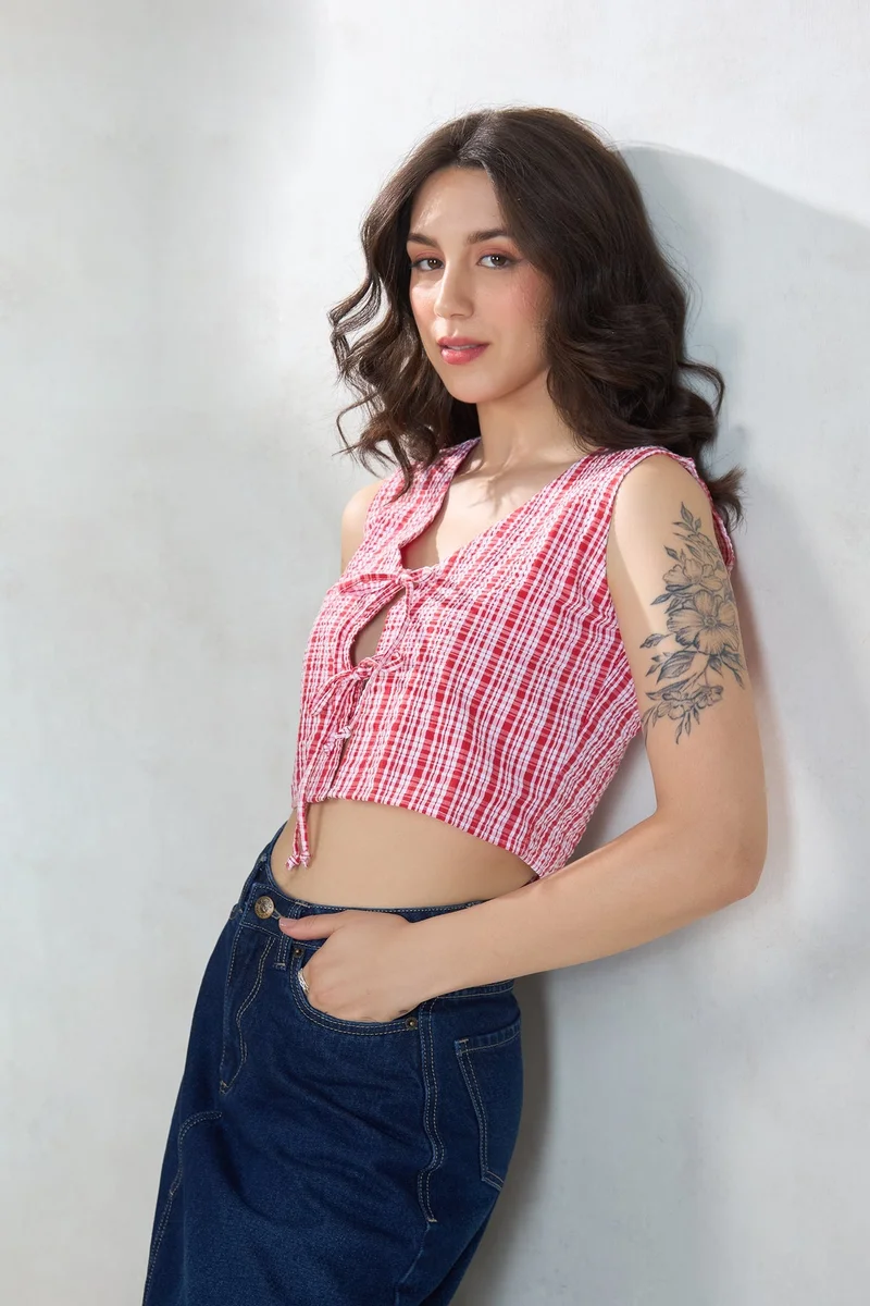 Virgio Checks Cotton Red Top With Front Tie-Up for Women