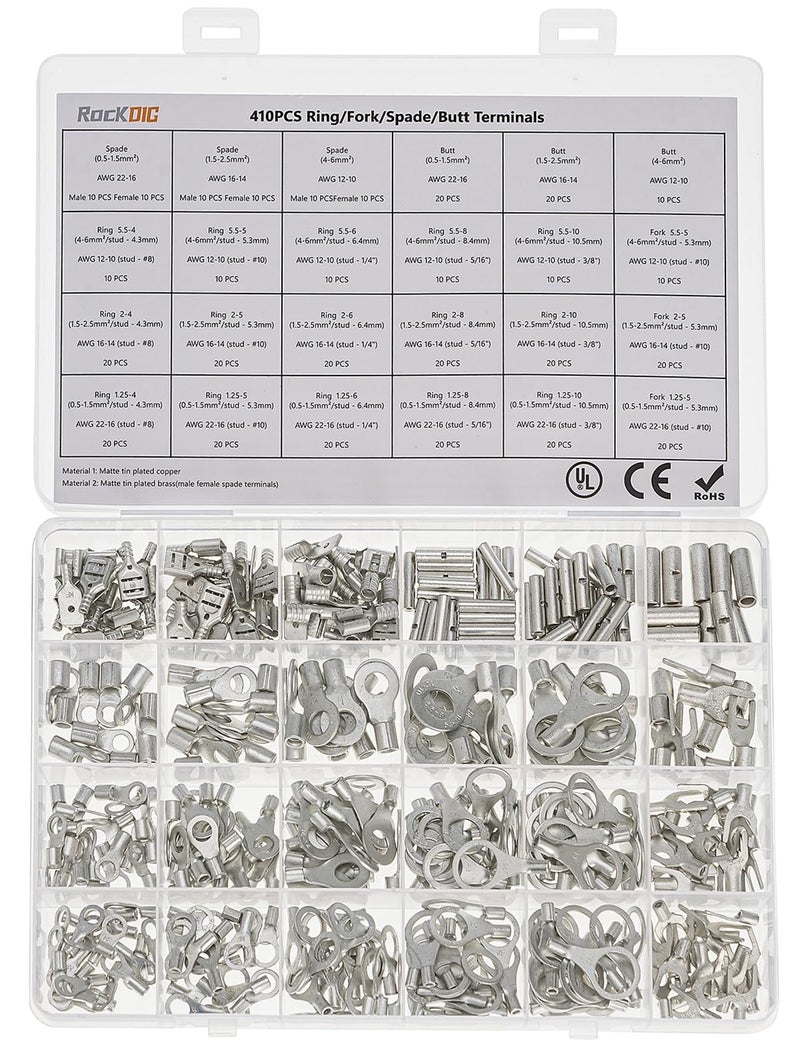 RockDIG Electrical Wire Connectors, 410 PCS AWG 22-16 16-14 12-10 Gauge Non-Insulated Butt Spade Ring Terminal Lug Crimp Connectors Assortment Kit - Image 1