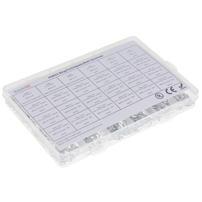 RockDIG Electrical Wire Connectors, 410 PCS AWG 22-16 16-14 12-10 Gauge Non-Insulated Butt Spade Ring Terminal Lug Crimp Connectors Assortment Kit - Image 3