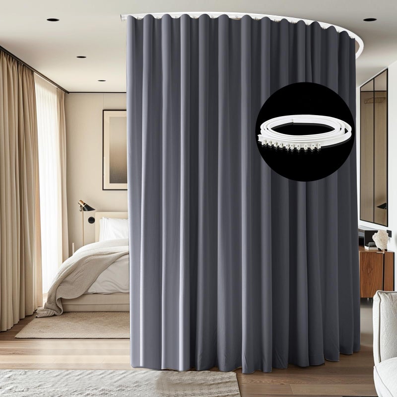 cbsroro Room Divider Ceiling Mounted Curtains Track Sets Extra Wide Blackout Curtain Flexible Tracks for Bedroom Privacy Partition Separator 1 Panel Grey Drape and White Rail W83 x H7ft