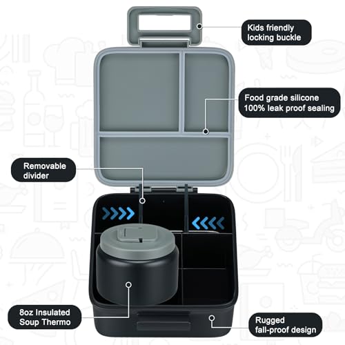 MAISON HUIS Bento Lunch Box with 8oz Soup Thermo, 5-Compartment Leak-Proof Container, Thermo Hot Food Jar and Insulated Lunch Bag, BPA Free,Travel, School (Gray) - Image 2