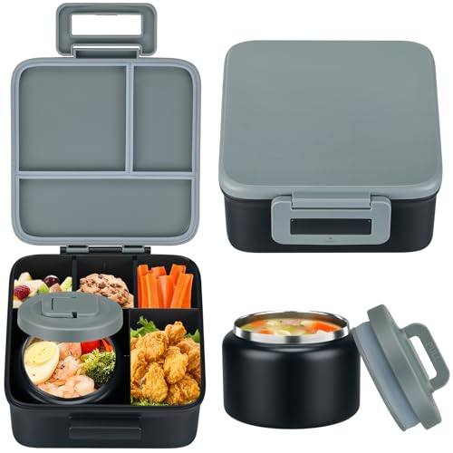 MAISON HUIS Bento Lunch Box with 8oz Soup Thermo, 5-Compartment Leak-Proof Container, Thermo Hot Food Jar and Insulated Lunch Bag, BPA Free,Travel, School (Gray) - Image 1
