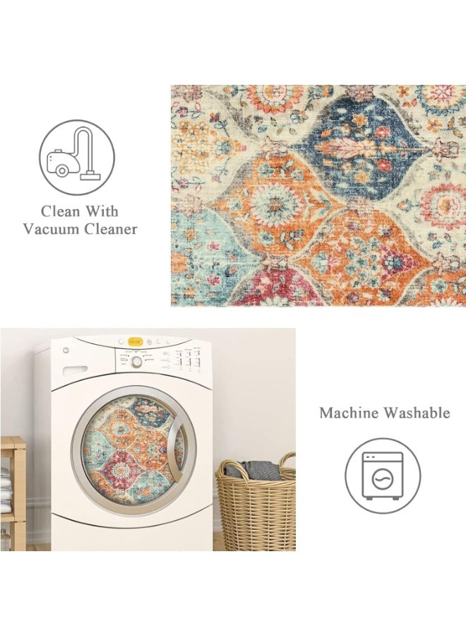 سجادة مغربية صغيرة قابلة للغسل، 3×5، مناسبة لغرفة النوم وغرفة المعيشة، سجادة مانعة للانزلاق بلمسة شرقية، مناسبة للمطبخ والمكتب والمدخل والحمام، لون كريمي/متعدد، 160×230 سم - Image 2