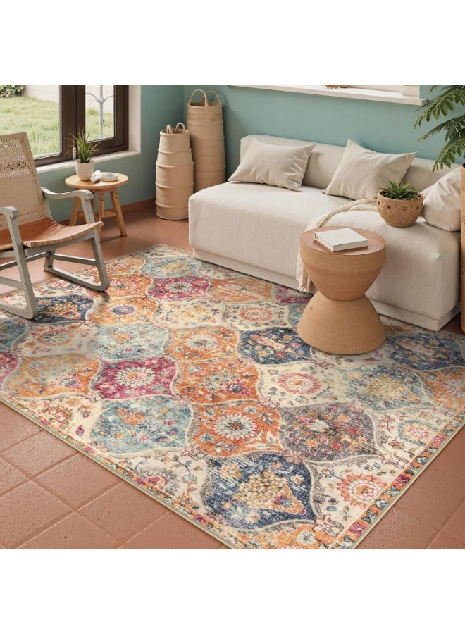 سجادة مغربية صغيرة قابلة للغسل، 3×5، مناسبة لغرفة النوم وغرفة المعيشة، سجادة مانعة للانزلاق بلمسة شرقية، مناسبة للمطبخ والمكتب والمدخل والحمام، لون كريمي/متعدد، 160×230 سم - Image 1