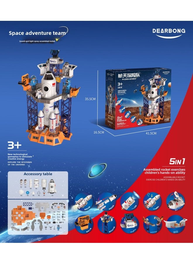 Space Expedition Team Acousto-optic Spray Assembled Aviation Model Simulation Launch Star Projection Educational Rocket Toy-Color:The 5-in -1 Space Expedition PLUS Version With Launch Pad [portable Gift Box] Contains 2 Astronauts/spray/light/sound Effect/projection  - Image 1