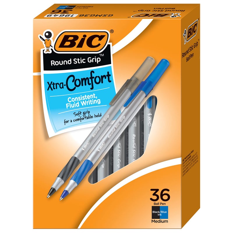 BIC Round Stic Grip Xtra Comfort Assorted Colors Ballpoint Pens, Medium Point (1.2mm), 36-Count Pack, Perfect Writing Pens With Soft Grip for Superb Comfort and Control - Image 1