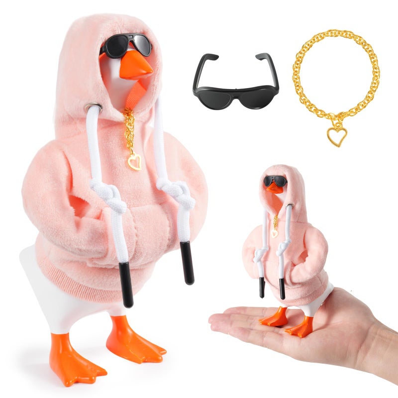 linastu 7inch Desk Goose Outfits, Mini Desktop Goose Clothes Desk Goose Accessories Set for Magnetic Goose Statue (Pink Hoodie+ Sunglasses+ Necklace) - Image 1