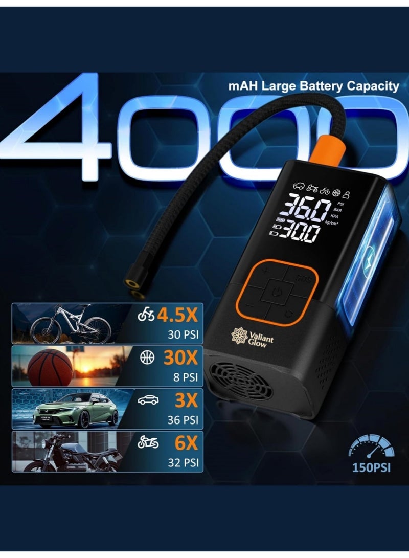 توهج شجاع منفاخ إطارات ضاغط هواء (4 فوهات) | مضخة دراجة لاسلكية محمولة | مع شاشة رقمية مزدوجة القيمة | مضخة إطارات سيارة 150 رطل لكل بوصة مربعة مع ضوء LED | مناسبة للسيارات والدراجات النارية والدراجات والكرات والمراتب القابلة للنفخ وعوامات حمام السباحة وأكياس التفريغ. - Image 3