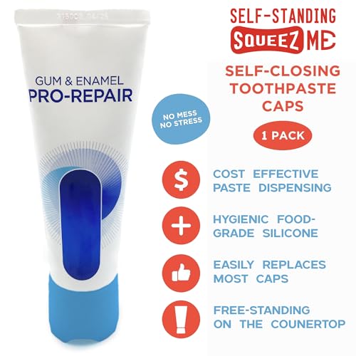 Chrome Cherry SqueezMe Self-Closing Toothpaste Caps, Silicone Lid for Kids & Adults, No Mess Toothpaste Dispenser, Self-Standing Easy Squeezer Cap, Bathroom Accessory, Self-Standing Blue, Pack of 1 - Image 2