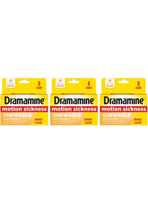 Dramamine Chewable Formula Motion Sickness Relief | Orange | 8 Count | 3 Pack