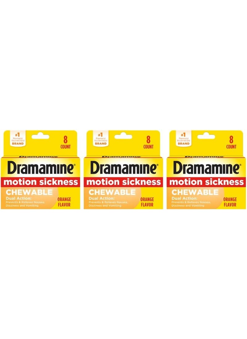 Dramamine - Dramamine Chewable Formula Motion Sickness Relief | Orange | 8 Count | 3 Pack - Image 1