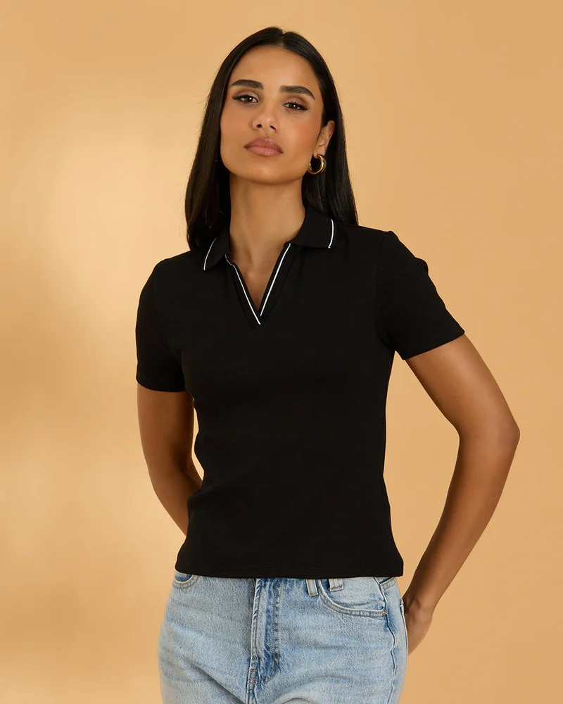 Redtag Women Black Ribbed Polo T Shirt
