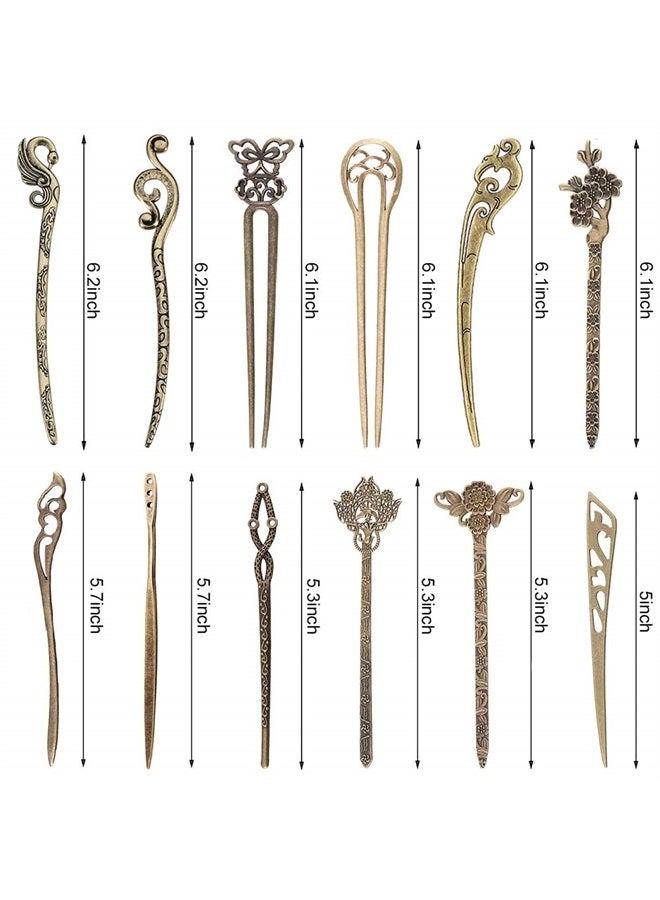 AUHOKY 12 Pieces Chinese Women Hair Sticks, AUHOKY 12 Styles Vintage Bronze Decorative Hair Pin Chopsticks, Antique Retro Hair Forks for Hair DIY Accessory - Image 2