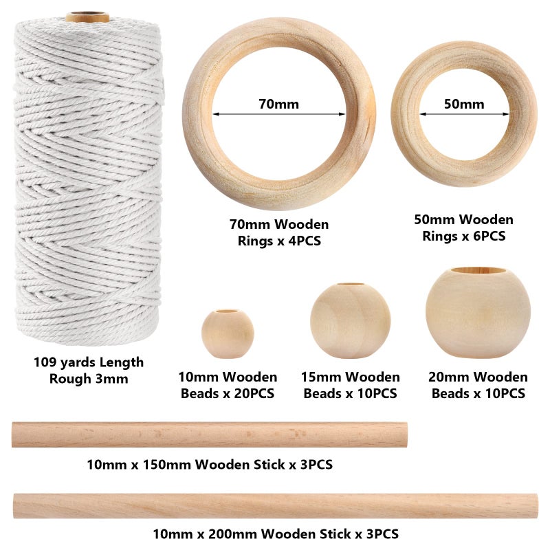 Hdviai 121Pcs Macrame Kit, Macrame Supplies 3mm x 109Yards Macrame Cord for Macrame Kits for Adults Beginners, with Accessories Like 100Pcs Beads and 10Pcs Wooden Rings for Macrame Plant Hanger Kit - Image 2