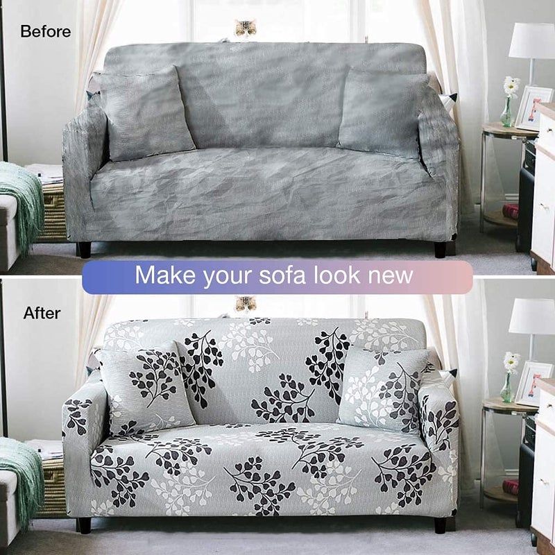 Styleys Polyester Printed Sofa Covers Stretchable Couch Cover Sofa Slipcovers 2 Seater 140180 cms SLMH97 BlackWhiteGrey Ginkgo - Image 3