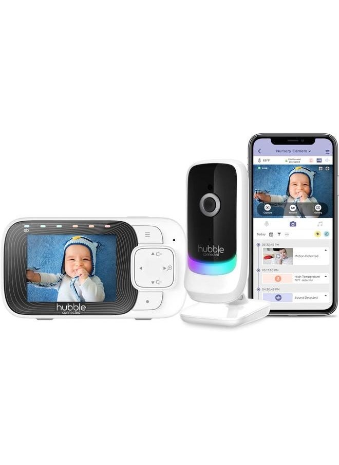 hubble connected Nursery Pal Essentials 2.8 inch Video Baby Monitor, Club App with Room Temperature Sensor, Private Secure Wi-Fi Connection, Digital Zoom, Soothing Nature Sounds - White  - Image 1