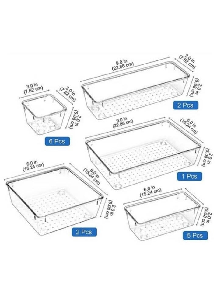 Eworld - 16-Piece Clear Plastic Drawer Organizer Tray Set, Versatile Storage Bins for Bathroom, Vanity, Makeup, Kitchen Utensils and Accessories, Includes Small and Large Drawer Containers for Easy Organization - Image 1