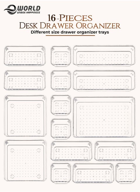 16-Piece Clear Plastic Drawer Organizer Tray Set, Versatile Storage Bins for Bathroom, Vanity, Makeup, Kitchen Utensils and Accessories, Includes Small and Large Drawer Containers for Easy Organization