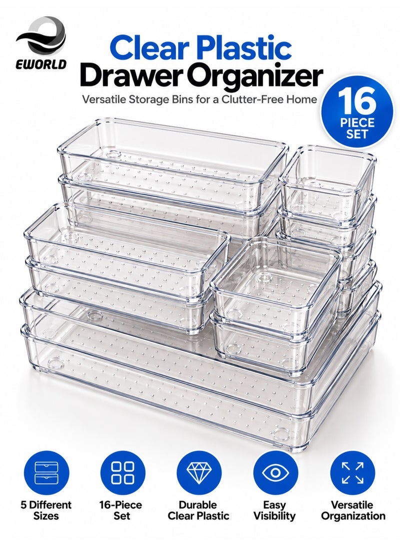 Eworld 16-Piece Clear Plastic Drawer Organizer Tray Set, 5 Sizes, Customizable Storage Bins for Bathroom, Vanity, Makeup, Kitchen Utensils & Accessories, BPA-Free Durable Plastic - Image 1