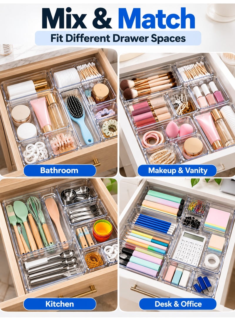 Eworld 16-Piece Clear Plastic Drawer Organizer Tray Set, 5 Sizes, Customizable Storage Bins for Bathroom, Vanity, Makeup, Kitchen Utensils & Accessories, BPA-Free Durable Plastic - Image 5