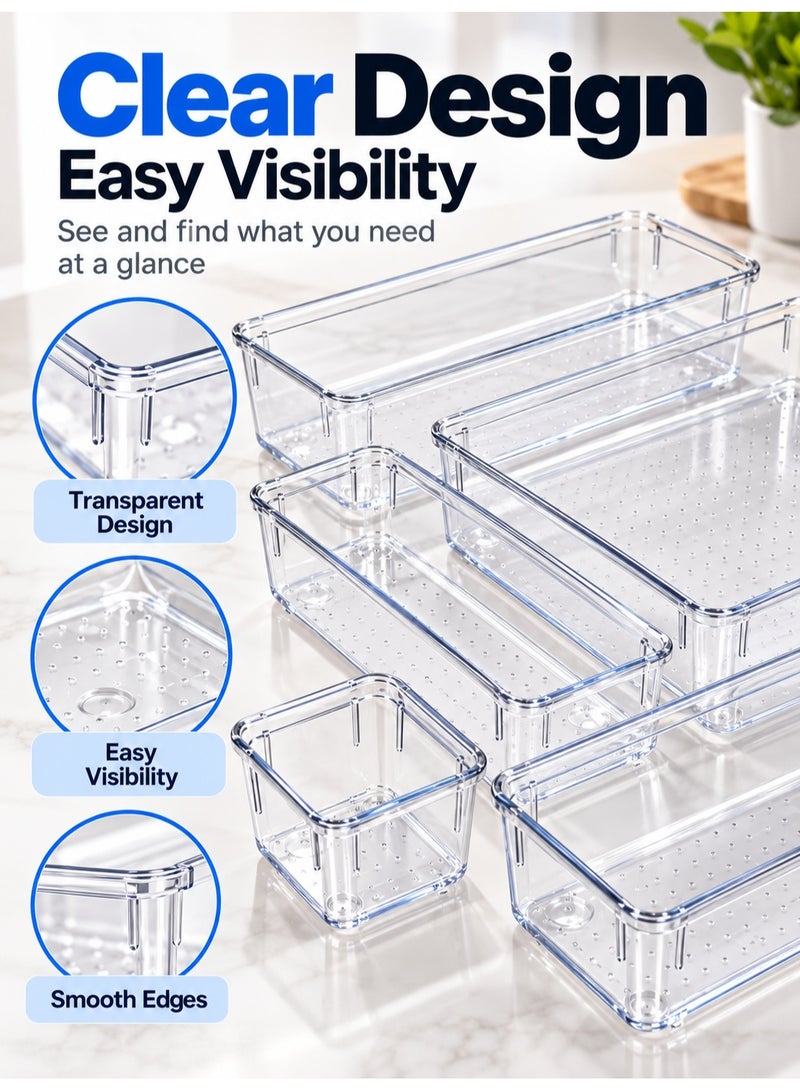 Eworld 16-Piece Clear Plastic Drawer Organizer Tray Set, 5 Sizes, Customizable Storage Bins for Bathroom, Vanity, Makeup, Kitchen Utensils & Accessories, BPA-Free Durable Plastic - Image 3