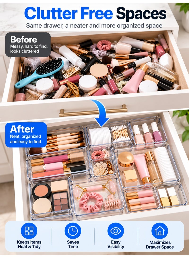 Eworld 16-Piece Clear Plastic Drawer Organizer Tray Set, 5 Sizes, Customizable Storage Bins for Bathroom, Vanity, Makeup, Kitchen Utensils & Accessories, BPA-Free Durable Plastic - Image 4
