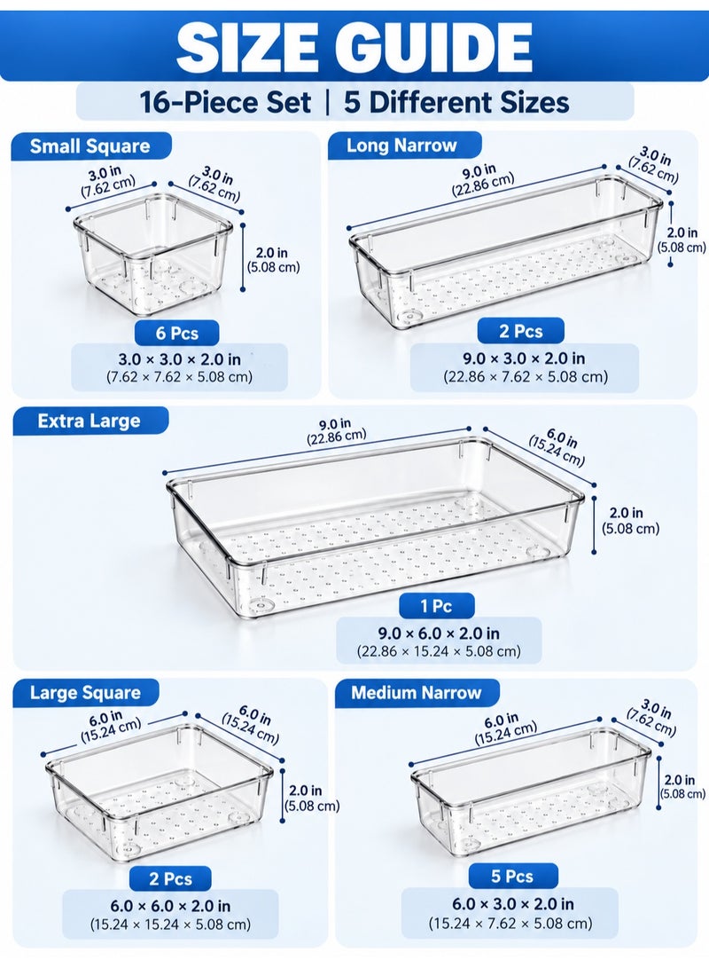Eworld 16-Piece Clear Plastic Drawer Organizer Tray Set, 5 Sizes, Customizable Storage Bins for Bathroom, Vanity, Makeup, Kitchen Utensils & Accessories, BPA-Free Durable Plastic - Image 2