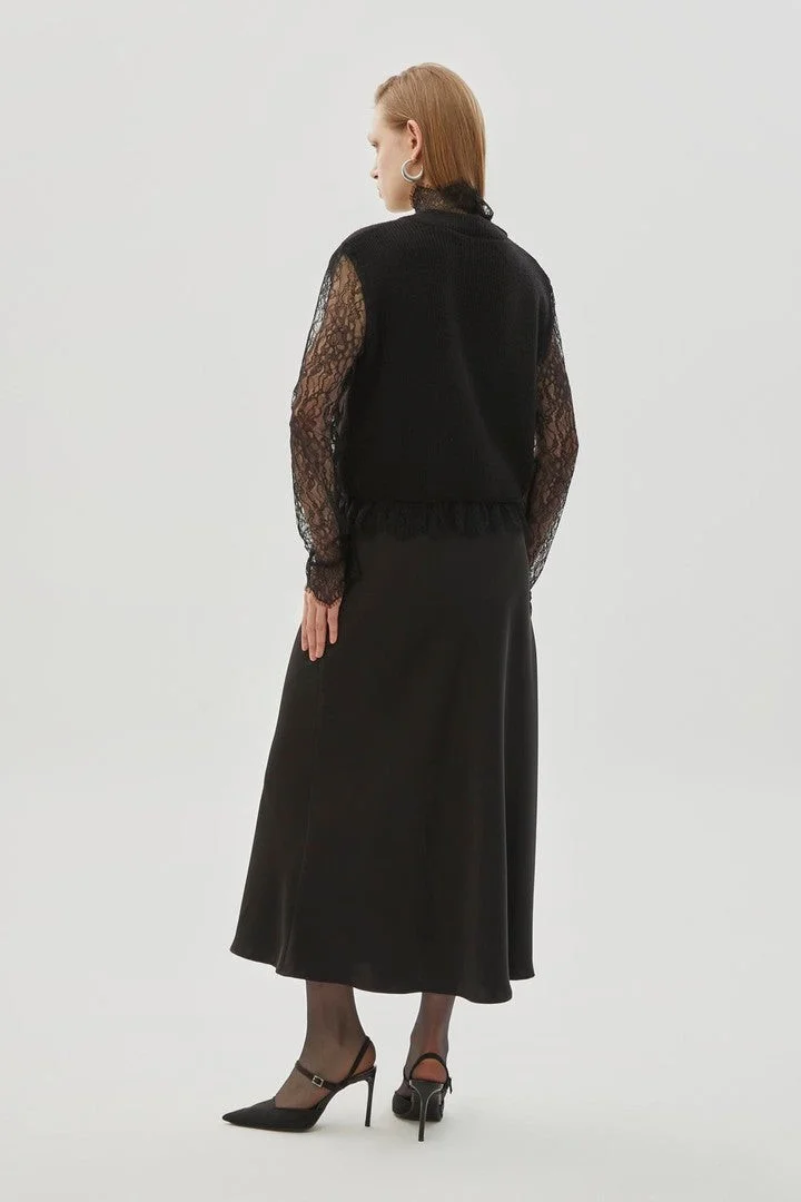 EXQUISE Satin Regular Midi Skirt with Lace Detail