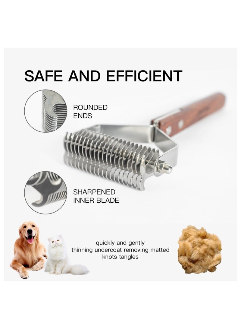 Pet Dematting Rake with 2 Sided Professional Grooming for Dogs and Cats 20 Blades Deshedding Detangle Thinning Undercoat Comb Face Kit Wooden Handle - Image 4