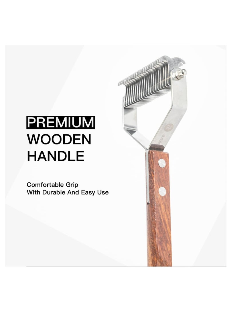 Pet Dematting Rake with 2 Sided Professional Grooming for Dogs and Cats 20 Blades Deshedding Detangle Thinning Undercoat Comb Face Kit Wooden Handle - Image 5
