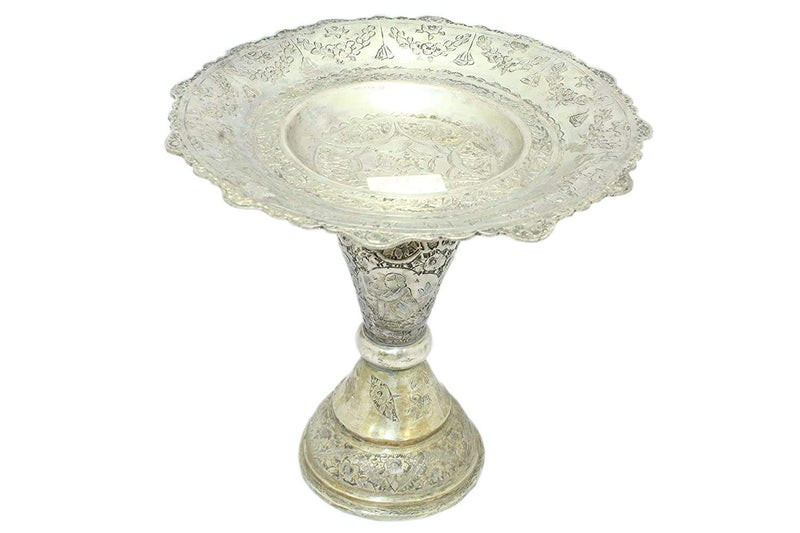 Rajasthan Gems Rajasthan Gems Antique Old Temple Puja Pooja Tray Plate Solid Silver Hand Engraving  - Image 1
