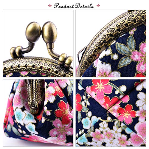 Oyachic Coin Purse,Floral Change Purse,Vintage Coin Pouch,Small Wallet with Kiss Lock Clasp for Women,Girls,Navy Blue - Image 4