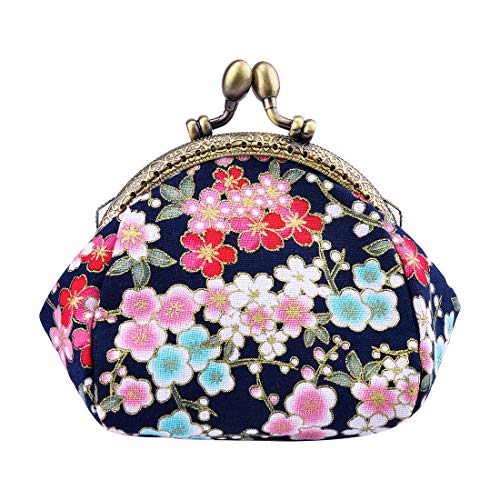 Oyachic Coin Purse,Floral Change Purse,Vintage Coin Pouch,Small Wallet with Kiss Lock Clasp for Women,Girls,Navy Blue - Image 1