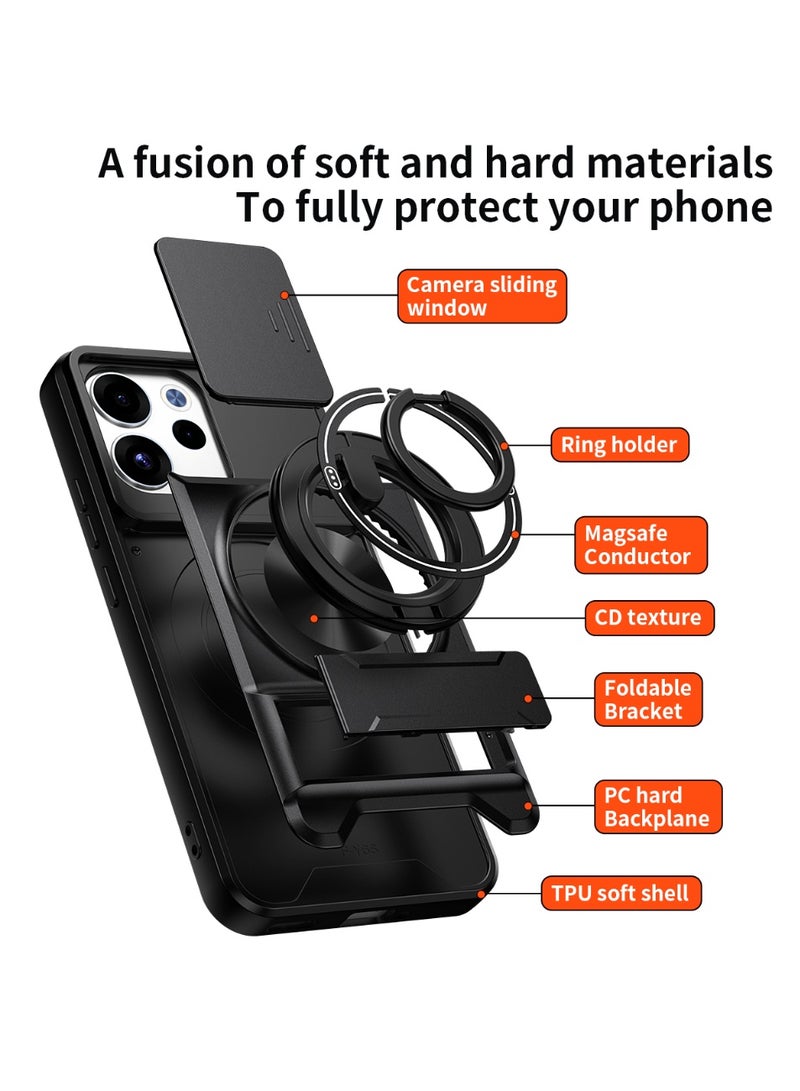 جراب حمايه مقاوم للصدمات مزود بستاند وحلقه دائريه وحمايه للكاميرا متوافق مع   Oppo Reno 15F /Oppo Reno 15 5G (اسود) - Image 5