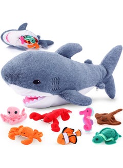 Zomiboo Zomiboo 18 Inch Plush Great White Shark with 7 Pcs of Soft Stuffed Sea Animals Include Manta Ray, Seahorse, Crab, Clown Fish, Turtle, Octopus and Lobster, Gift for Friend Kids  - Image 1