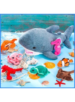 Zomiboo Zomiboo 18 Inch Plush Great White Shark with 7 Pcs of Soft Stuffed Sea Animals Include Manta Ray, Seahorse, Crab, Clown Fish, Turtle, Octopus and Lobster, Gift for Friend Kids  - Image 4