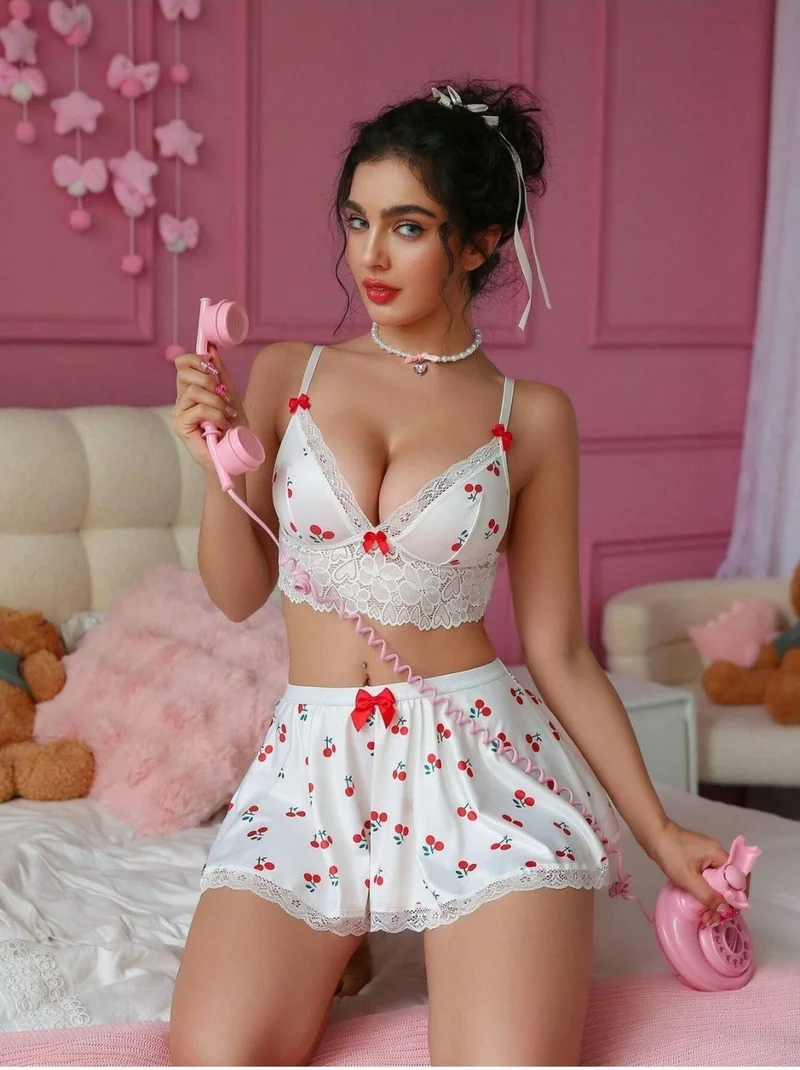 Bella Notte Romantic Cherry Patterned Lingerie Set