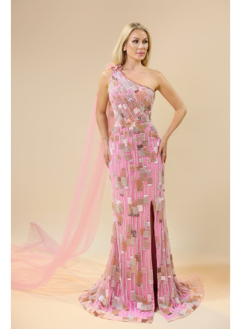 FAIZ COUTURE Elegant One-Shoulder Sequin Evening Gown with Sheer Cape Detail - Image 1