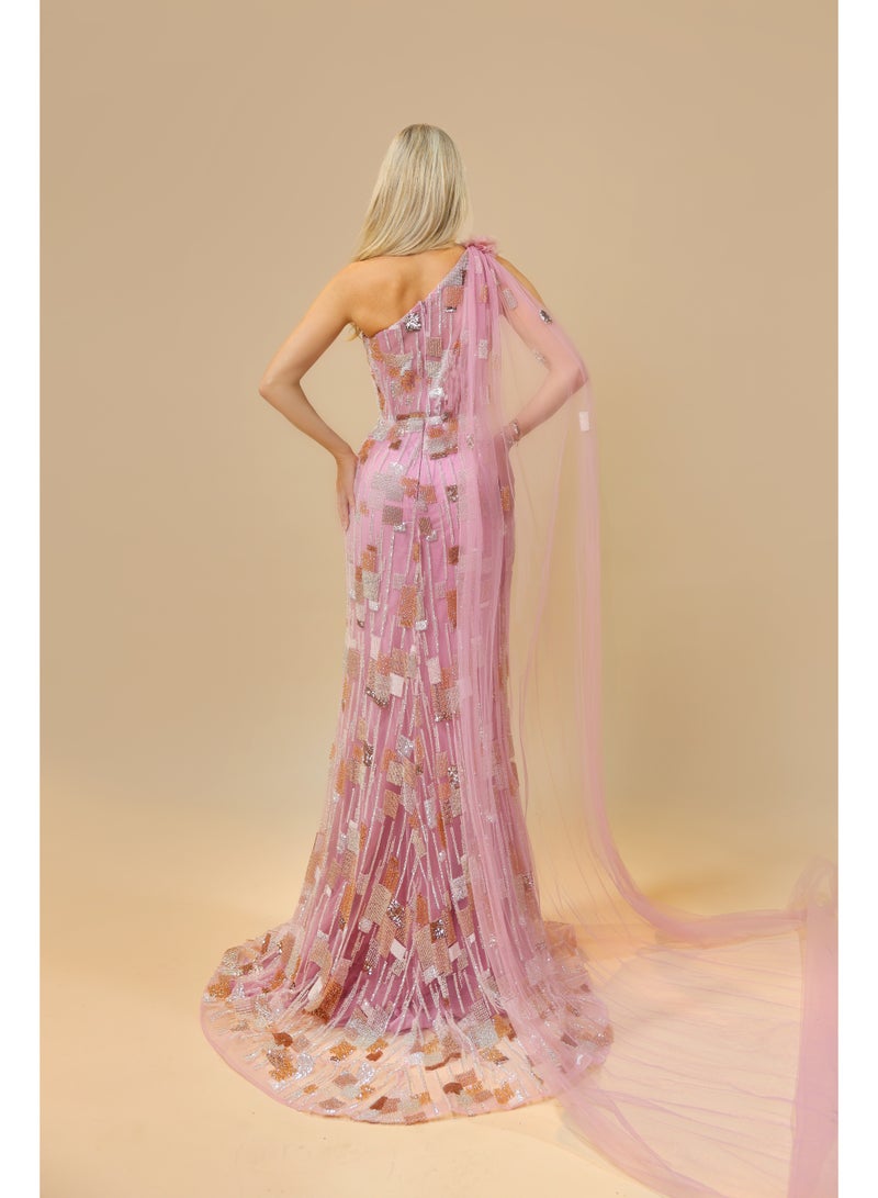 FAIZ COUTURE Elegant One-Shoulder Sequin Evening Gown with Sheer Cape Detail - Image 4