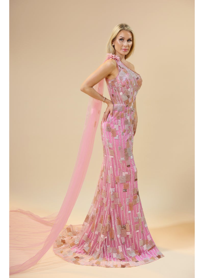FAIZ COUTURE Elegant One-Shoulder Sequin Evening Gown with Sheer Cape Detail - Image 3