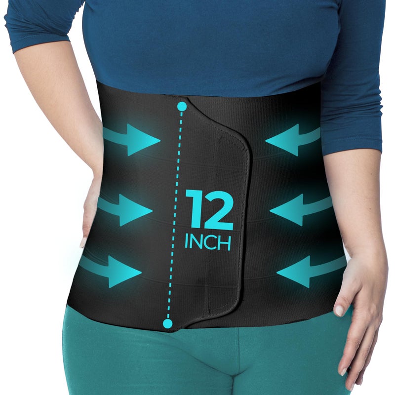حزام البطن QORE LOGIQ Plus Size بعد الجراحة C Section حزام البطن بعد الولادة قابل للتعديل 12 ضغط لفتق البطن أسود 3XL
