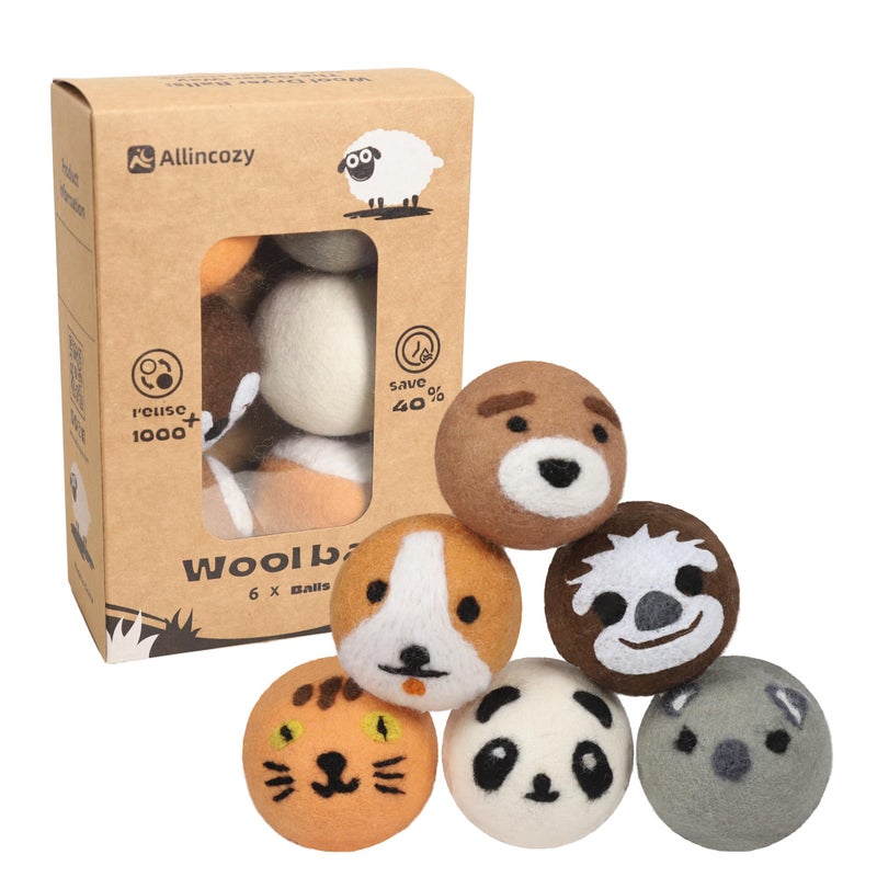 ALLINCOZY Wool Dryer Balls Laundry Reusable, Natural Eco-Friendly Fabric Softener Reduce Clothing Wrinkles, New Zealand Wool Laundry Balls for Dryer (Pack of 6, Animal) - Image 1
