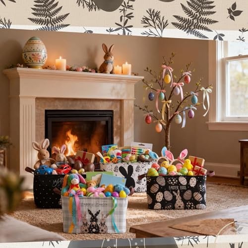 CHENGU 6 Pack Easter Storage Bin Collapsible Easter Basket for Gifts Large Bunny Eggs Black White Holiday Decor Decorative Rabbit Basket Farmhouse Foldable Box with Handle for Bedroom Office Home - Image 3