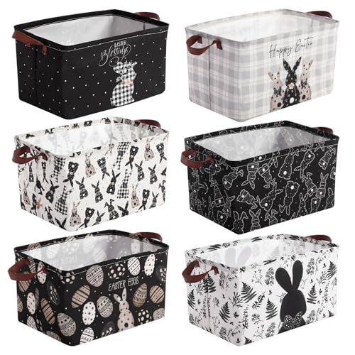 CHENGU 6 Pack Easter Storage Bin Collapsible Easter Basket for Gifts Large Bunny Eggs Black White Holiday Decor Decorative Rabbit Basket Farmhouse Foldable Box with Handle for Bedroom Office Home - Image 1
